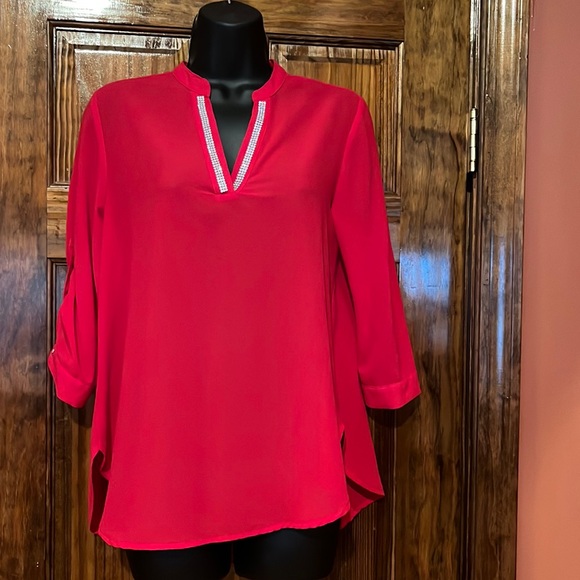 Red Rhinestone Embellished High Low Poly Tunic - Picture 1 of 10